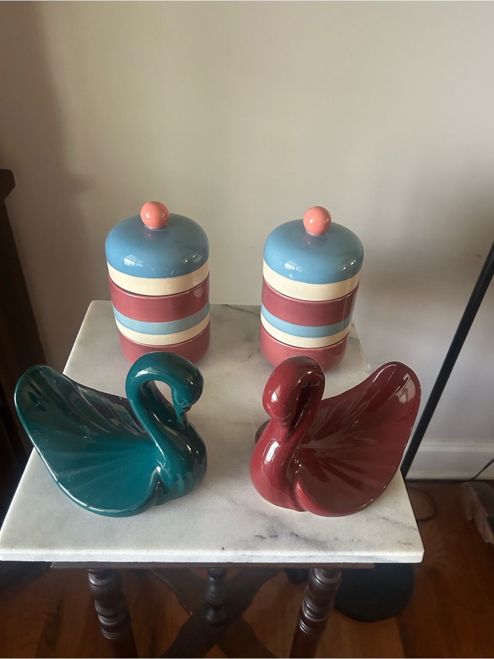 Pair of Glossy Ceramic Swan Dishes with Two Striped Canisters